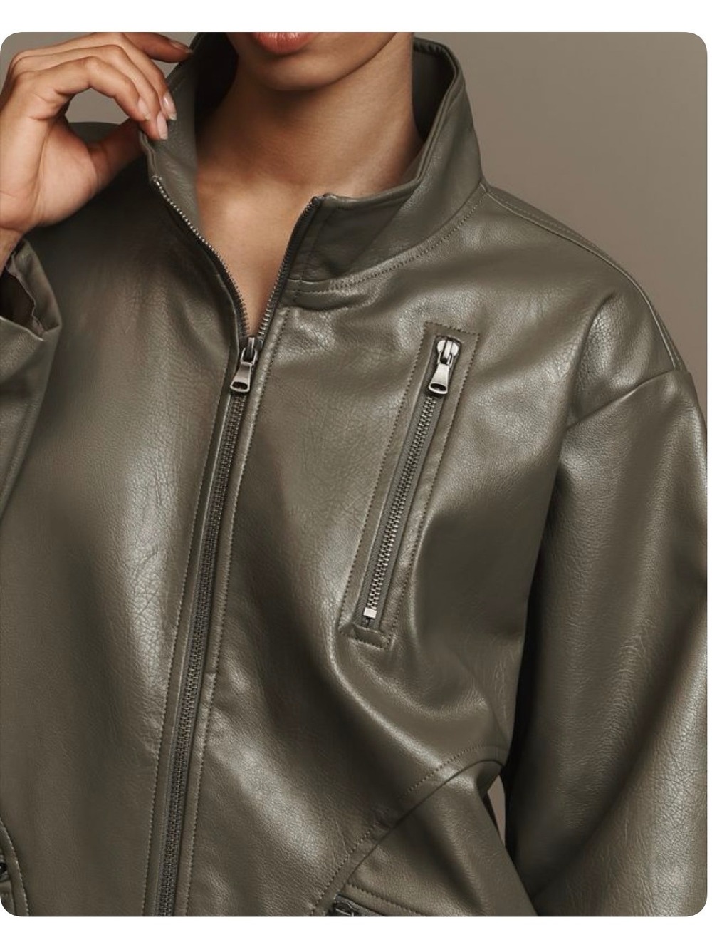 Anthropologie Faux Leather Relaxed Jacket Olive Green Zip Coat Medium NWOT